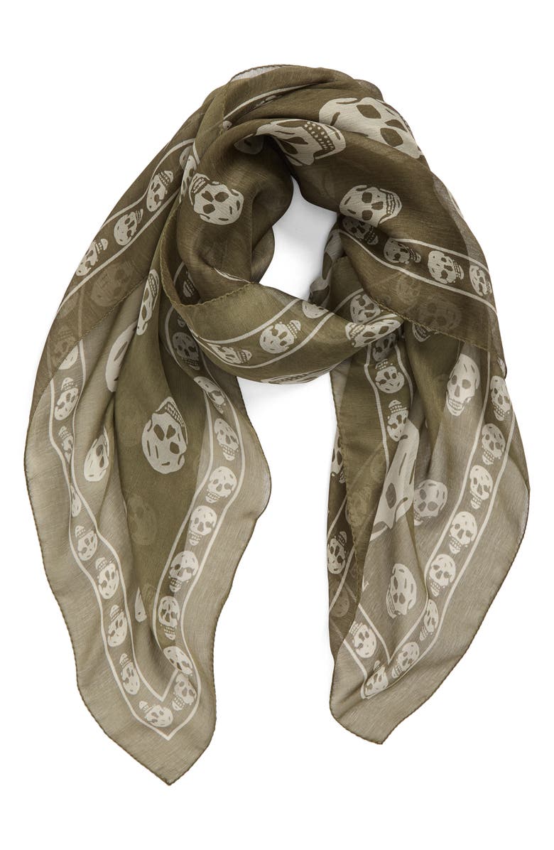 McQueen Skull Print Silk Scarf, Alternate, color, Olive