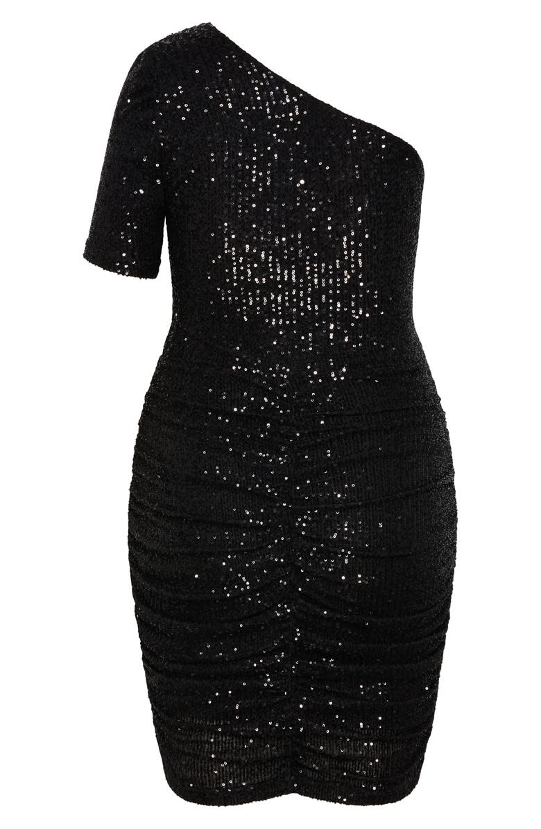City Chic Sparkle One-Shoulder Body-Con Dress, Alternate, color, Black