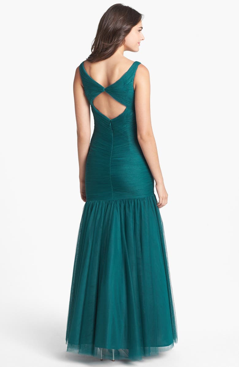 Monique Lhuillier Bridesmaids V-Neck Shirred Tulle Trumpet Dress, Alternate, color, 