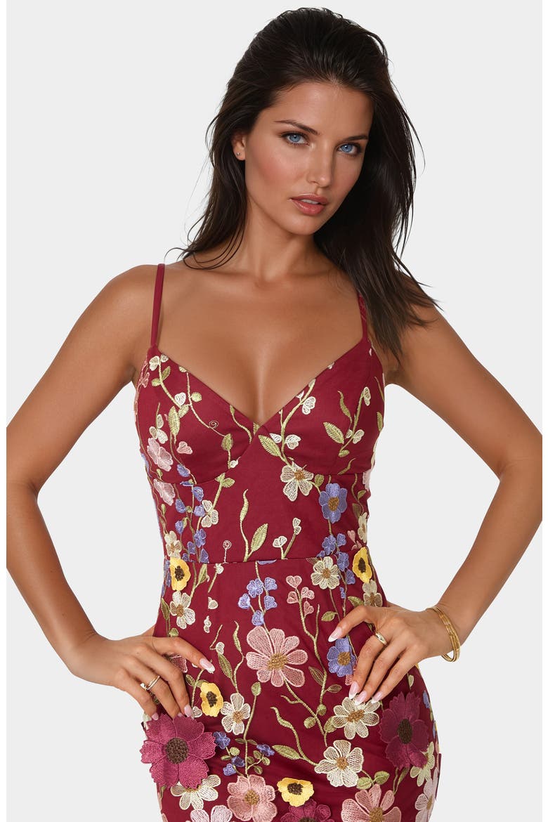 3D Flower Embroidered Midi Dress, Alternate, color, BURGUNDY / MULTI