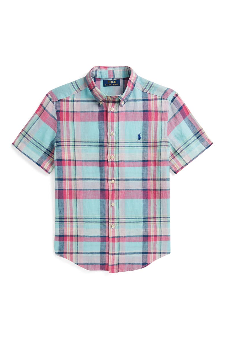 Kids' Plaid Linen Button-Down Shirt, Main, color, SEAFOAM PINK MULTI