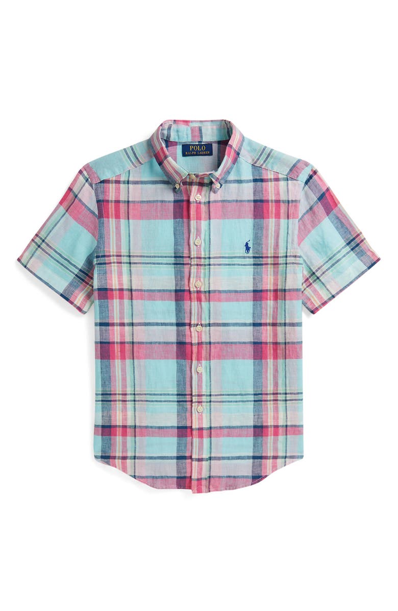 Polo Ralph Lauren Kids' Plaid Linen Button-Down Shirt, Main, color, Seafoam Pink Multi