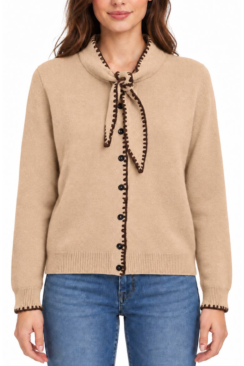 Ascot Neck Button Cardigan, Main, color, CAMEL/ CHOCOLATE