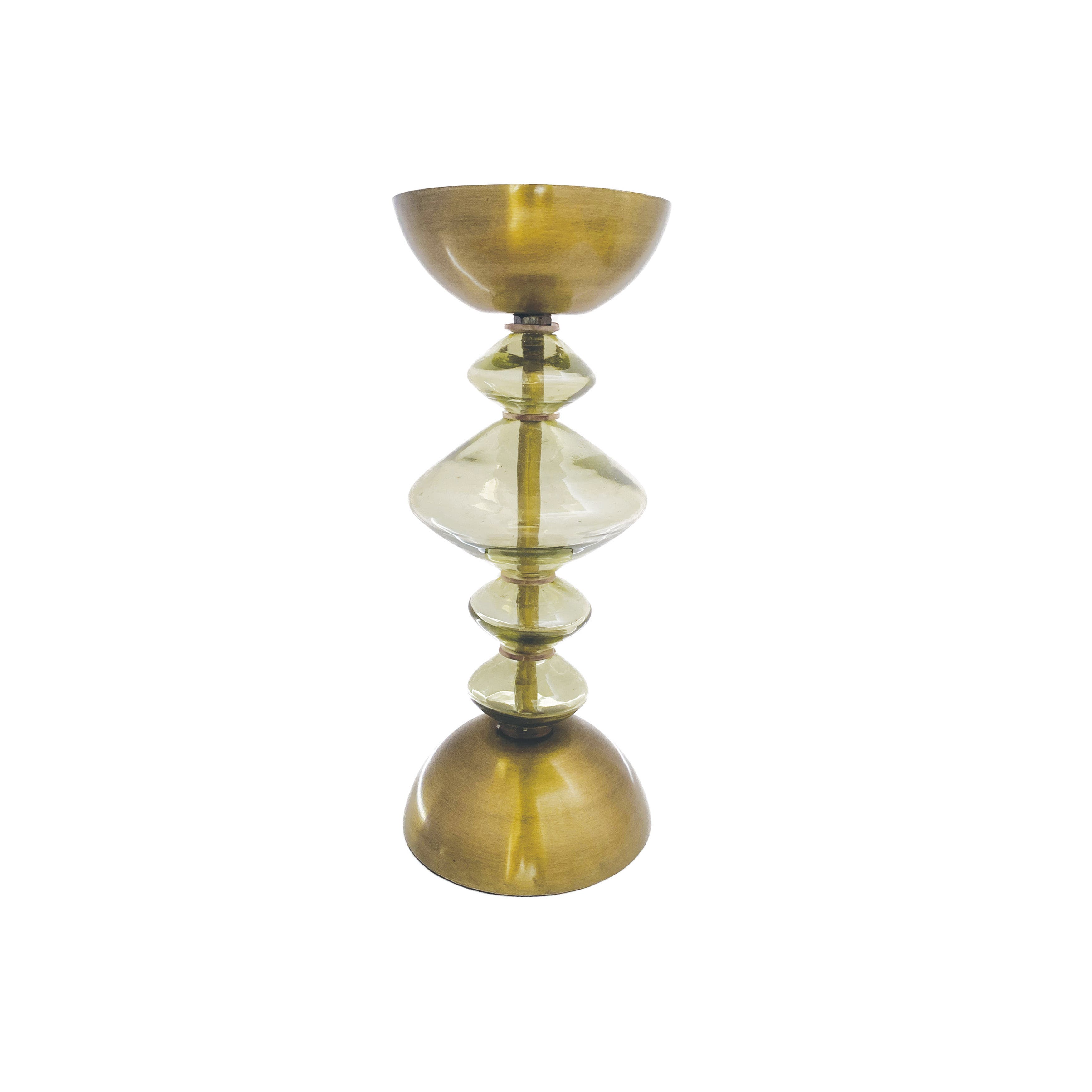 Storied Home Reclaimed Glass And Metal Decorative Pillar Candle Holder, Gold And Green
