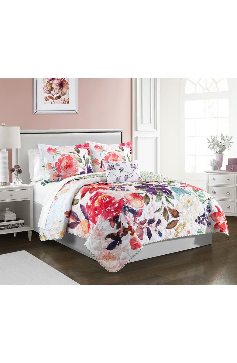CHIC Ovilos Watercolor Floral Print With Geometric Leaf Pattern On The Reverse King, Quilt Set, Multi Color, 4-Piece, Alternate, color, 