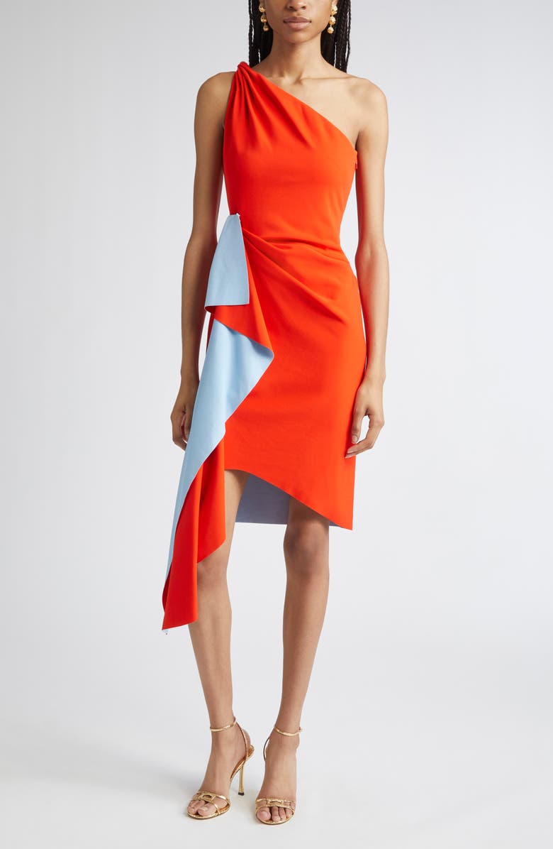 Oscar de la Renta Drape Front One Shoulder Double Face Jersey Dress, Main, color, Carnelian/ Blue