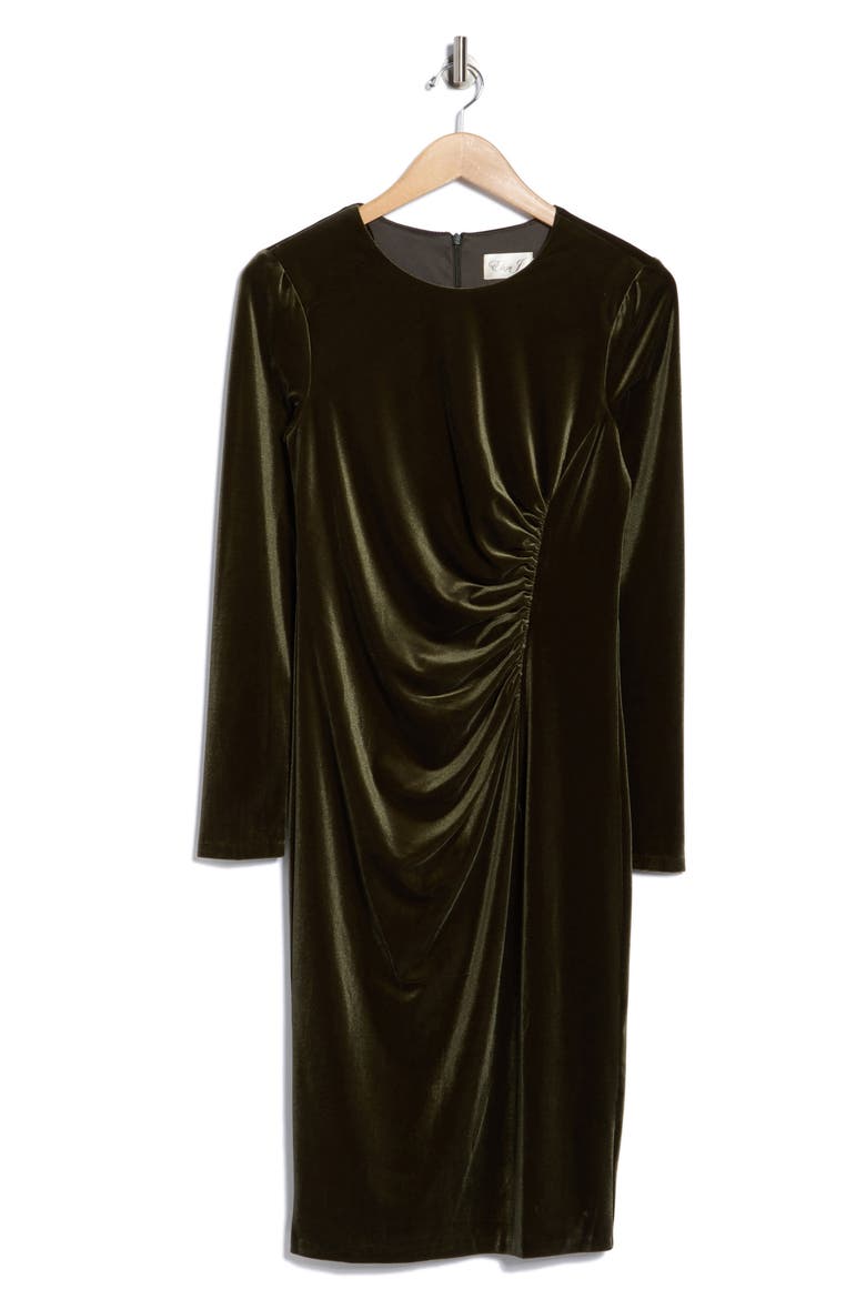 Long Sleeve Ruched Velvet Midi Dress, Alternate, color, OLIVE
