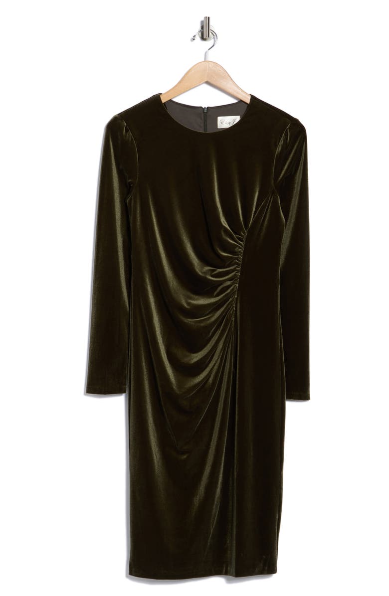Eliza J Long Sleeve Ruched Velvet Midi Dress, Alternate, color, Olive