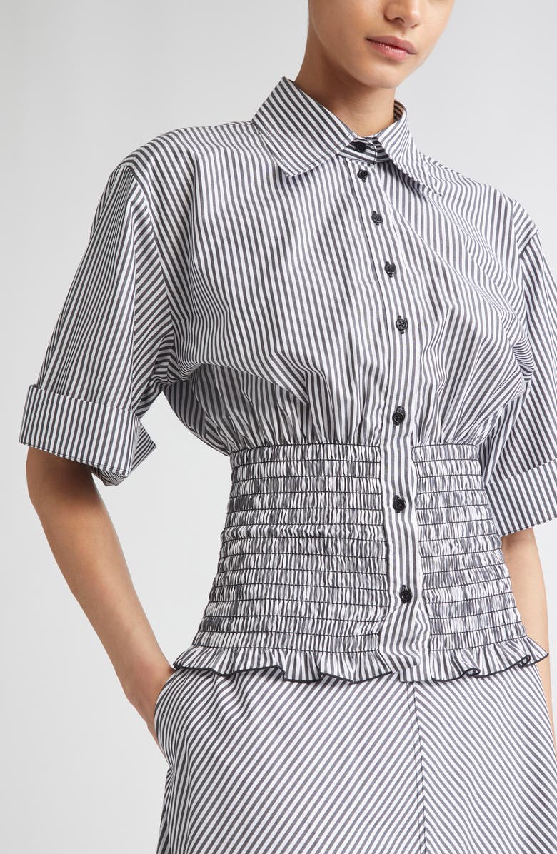 Brandon Maxwell The Harte Stripe Smocked Button-Up Shirt, Alternate, color, Black/ White Stripe