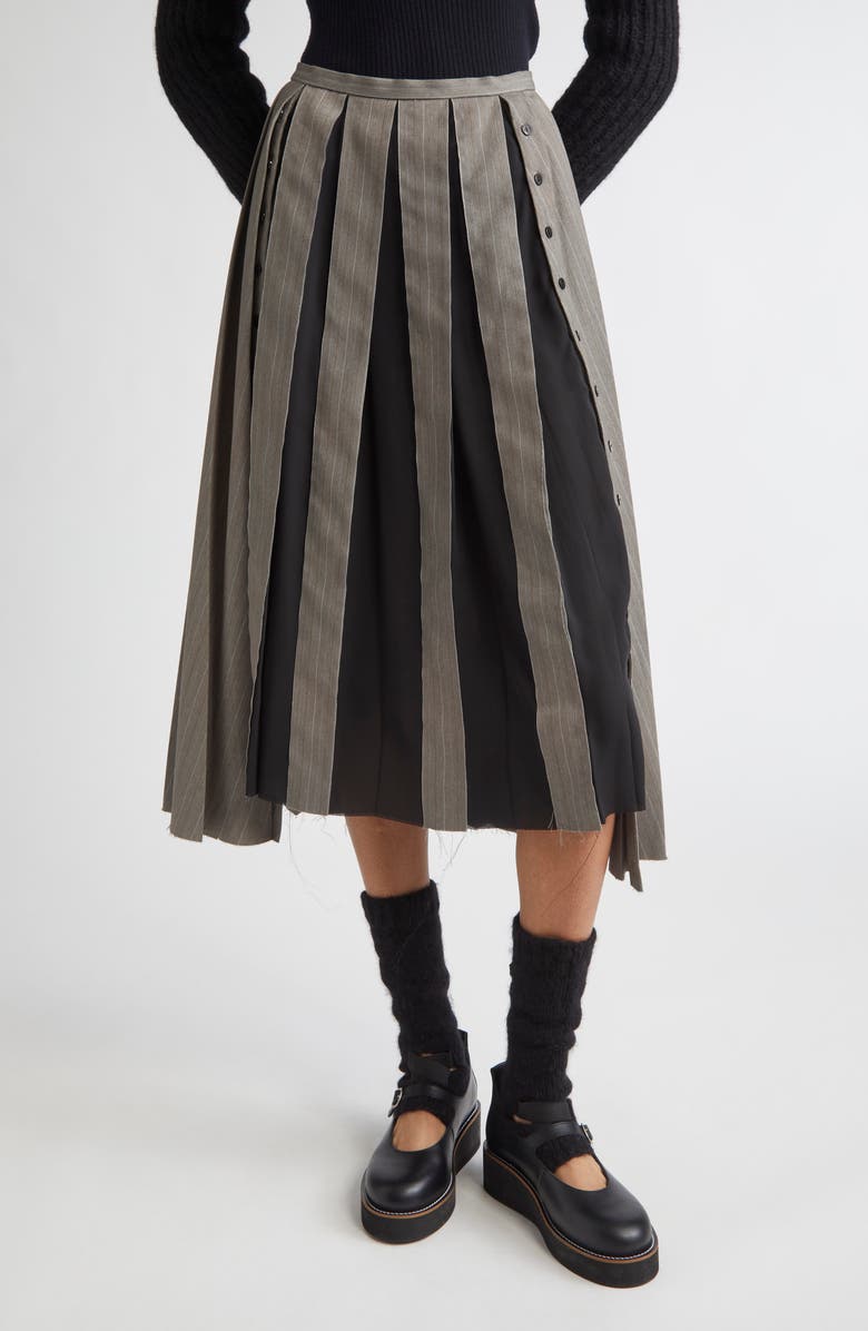 Meruert Tolegen Pleated Pinstripe Shifted Suiting Skirt, Main, color, Grey