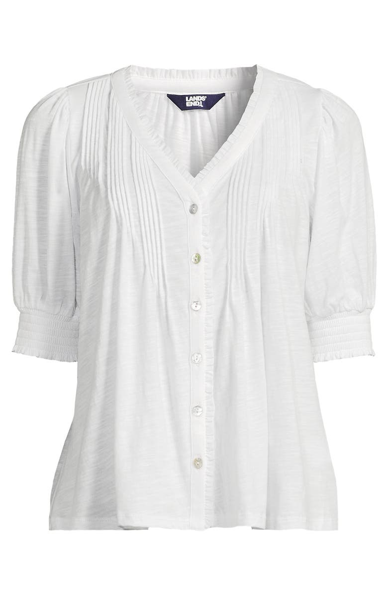 Lands' End Button Pintuck Puff Sleeve Top, Alternate, color, White