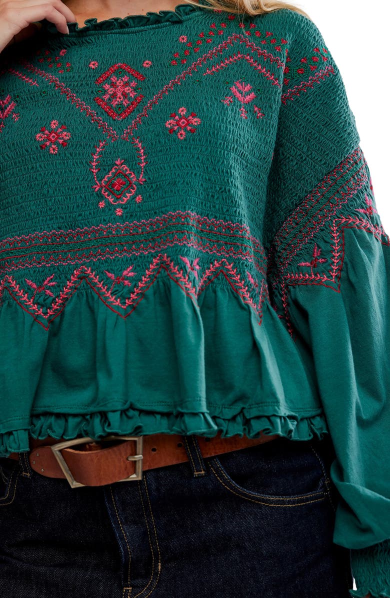 Free People Holly Smocked Embroidered Top, Alternate, color, Green Combo