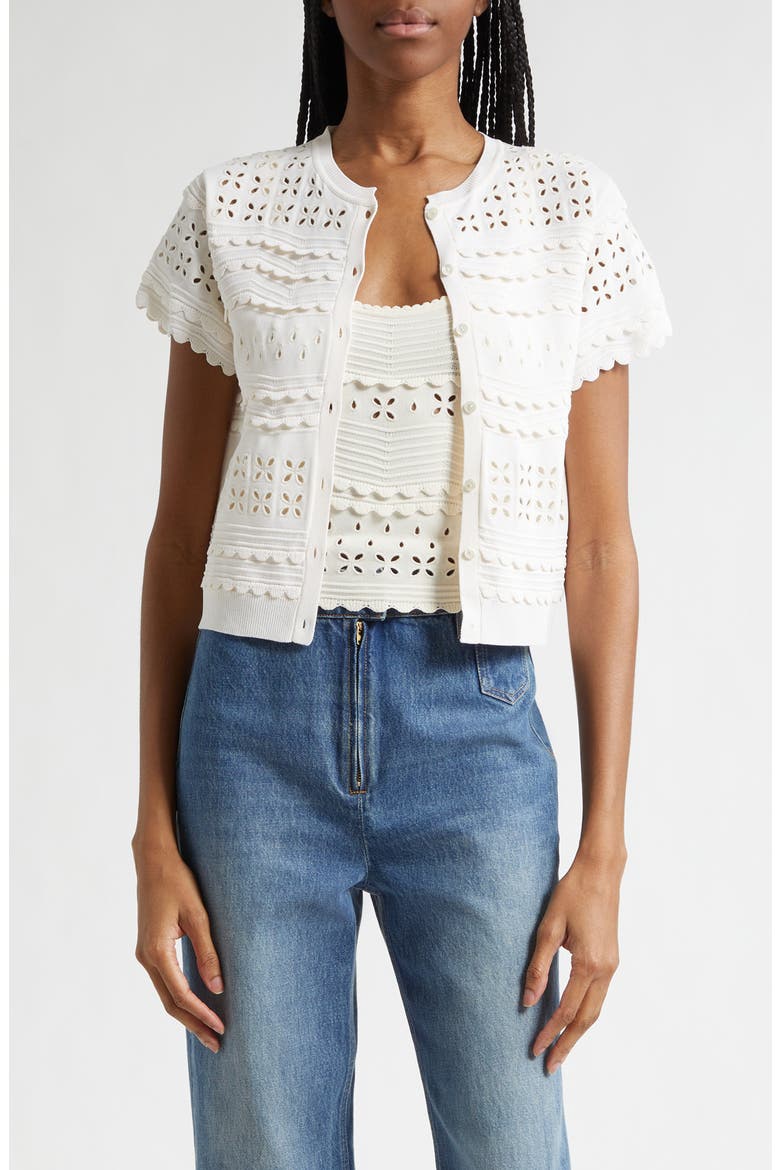 Abriana Eyelet Scallop Trim Cardigan, Main, color, COWRIE