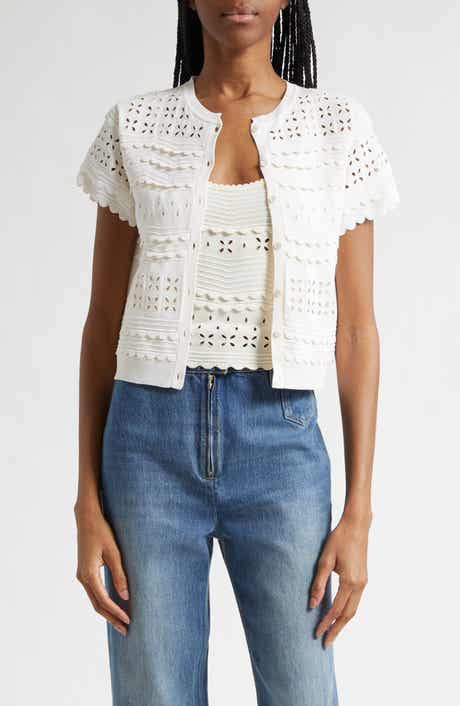 Abriana Eyelet Scallop Trim Cardigan