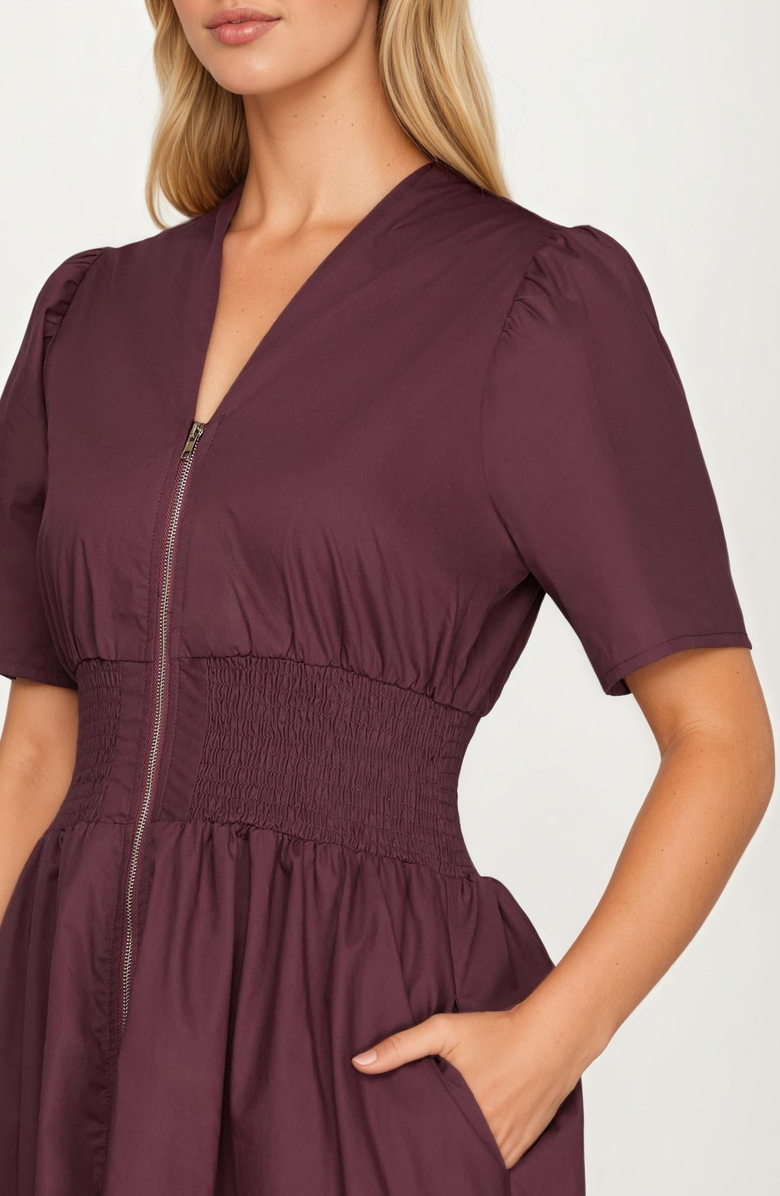 Knit and Lounge Zip-Front Smocked Waist Short Sleeve Midi Dress, Alternate, color, Burgundy