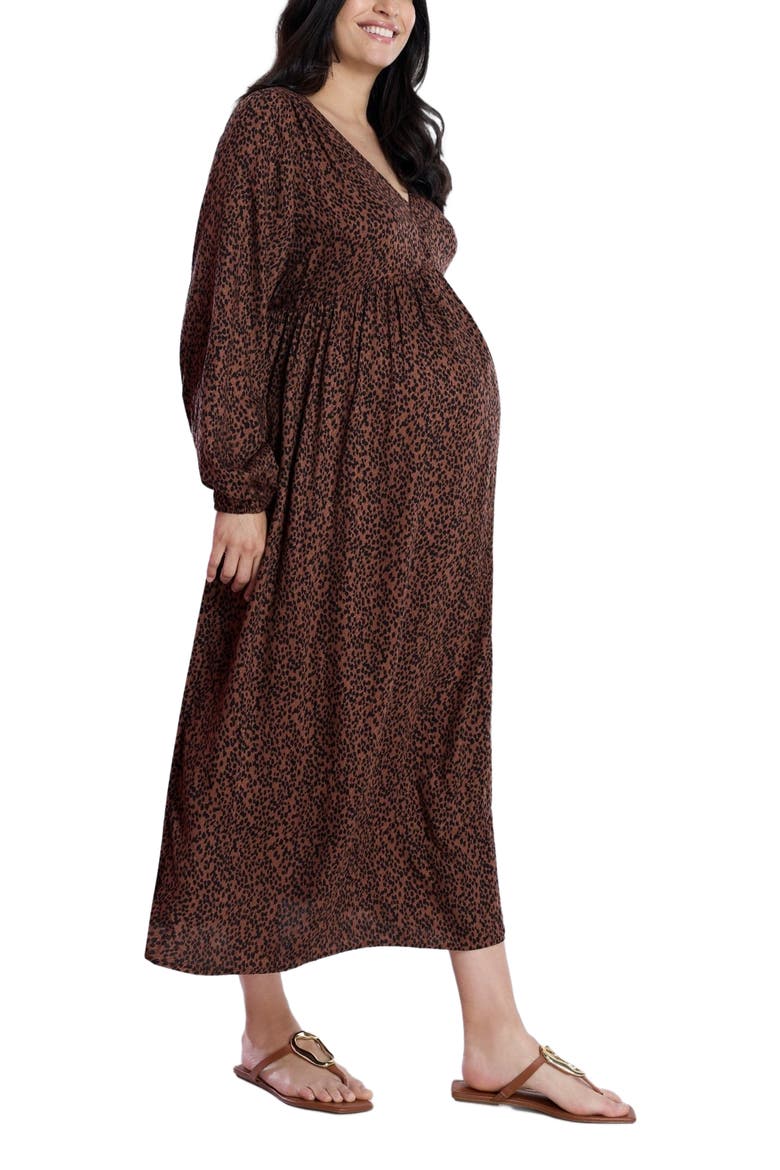 Long Sleeve Button Front Maternity Midi Dress, Alternate, color, Brown Animal