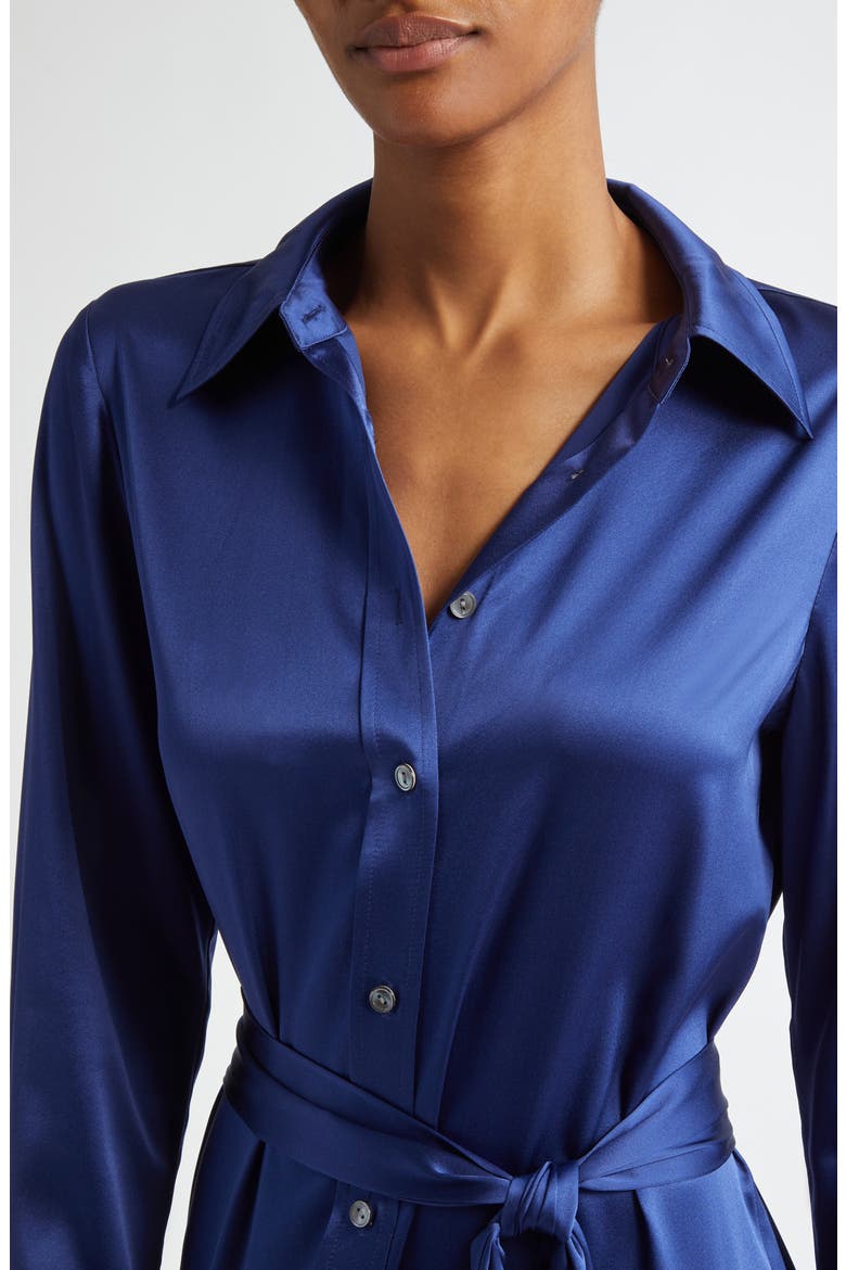 Victoria Tie Waist Long Sleeve Silk Blend Shirtdress, Alternate, color, NAVY