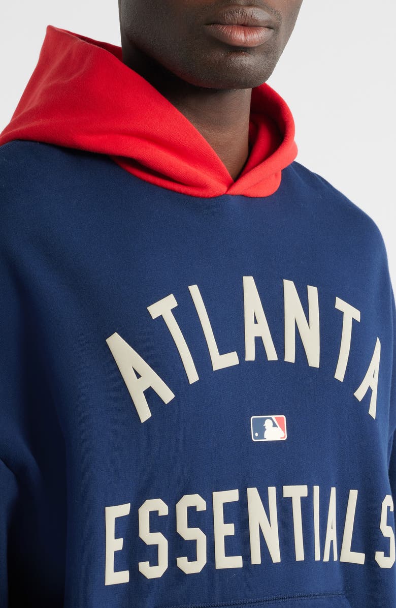 Fear of God Essentials Braves Sport Fit Cotton Hoodie, Alternate, color, Navy/ Red