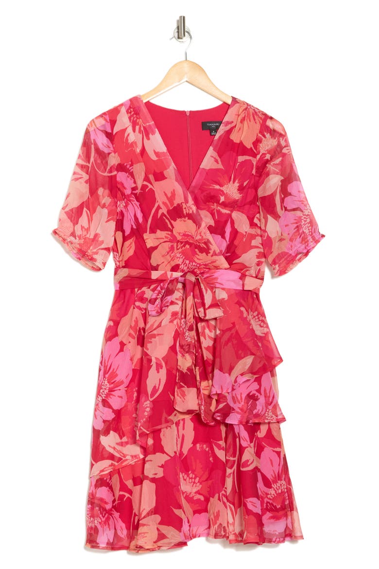 Floral Short Sleeve Faux Wrap Dress, Alternate, color, RASPBERRY FLORAL