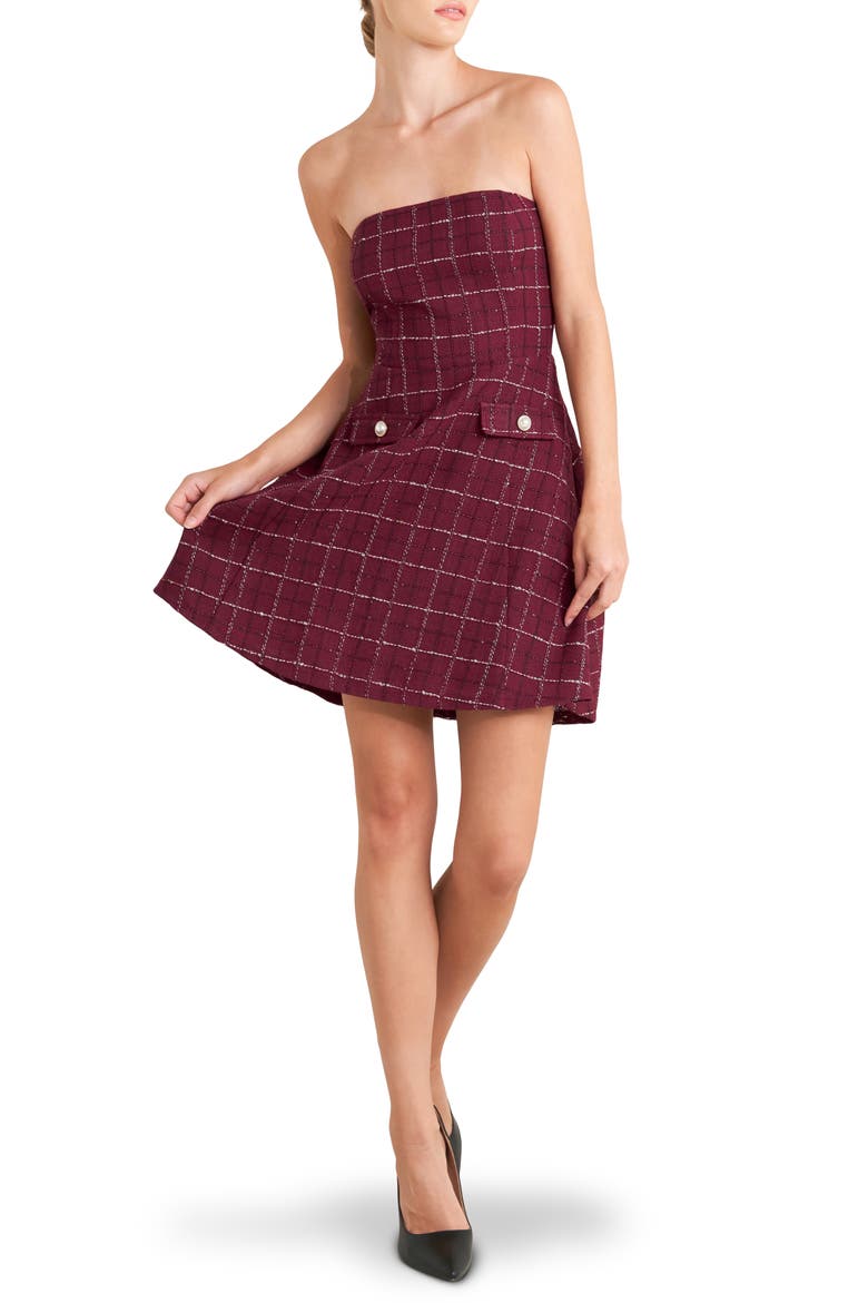 Bouclé Tweed Strapless Minidress, Main, color, WINE