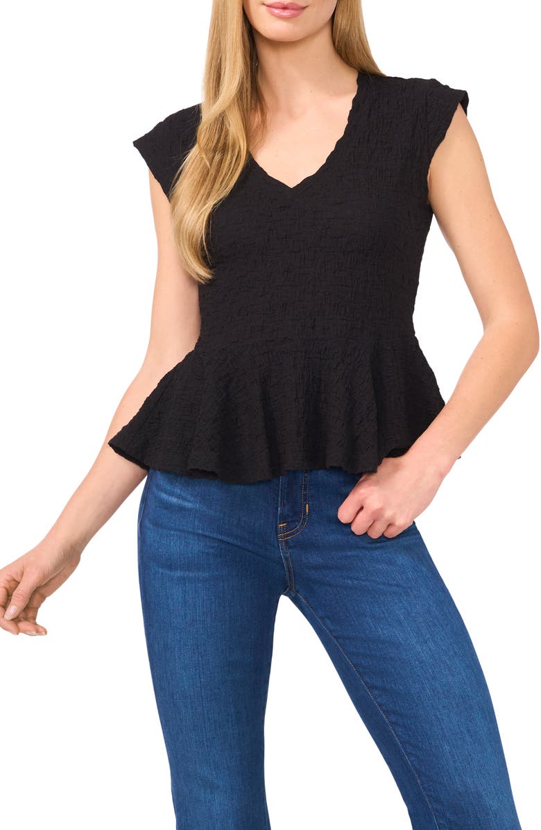 CeCe Puckered Knit Peplum Top, Main, color, Rich Black