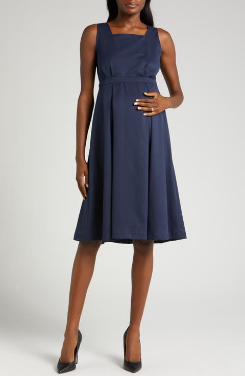 Women's Sleeveless Empire Waist Maternity & Nursing Knee Length Tea Dress in Light Weight Suiting Fabric