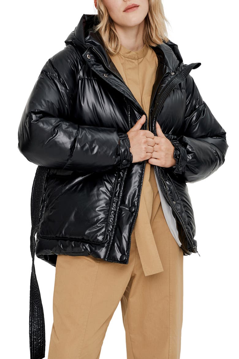 Belted Oversize Hooded Puffer Coat, Main, color, BLACK