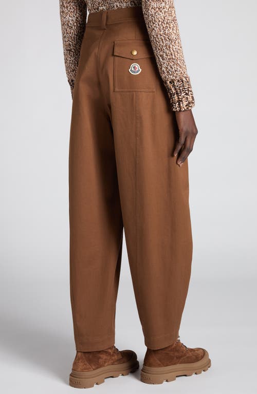 Moncler Stretch Cotton Twill Barrel Leg Ankle Trousers In Brown