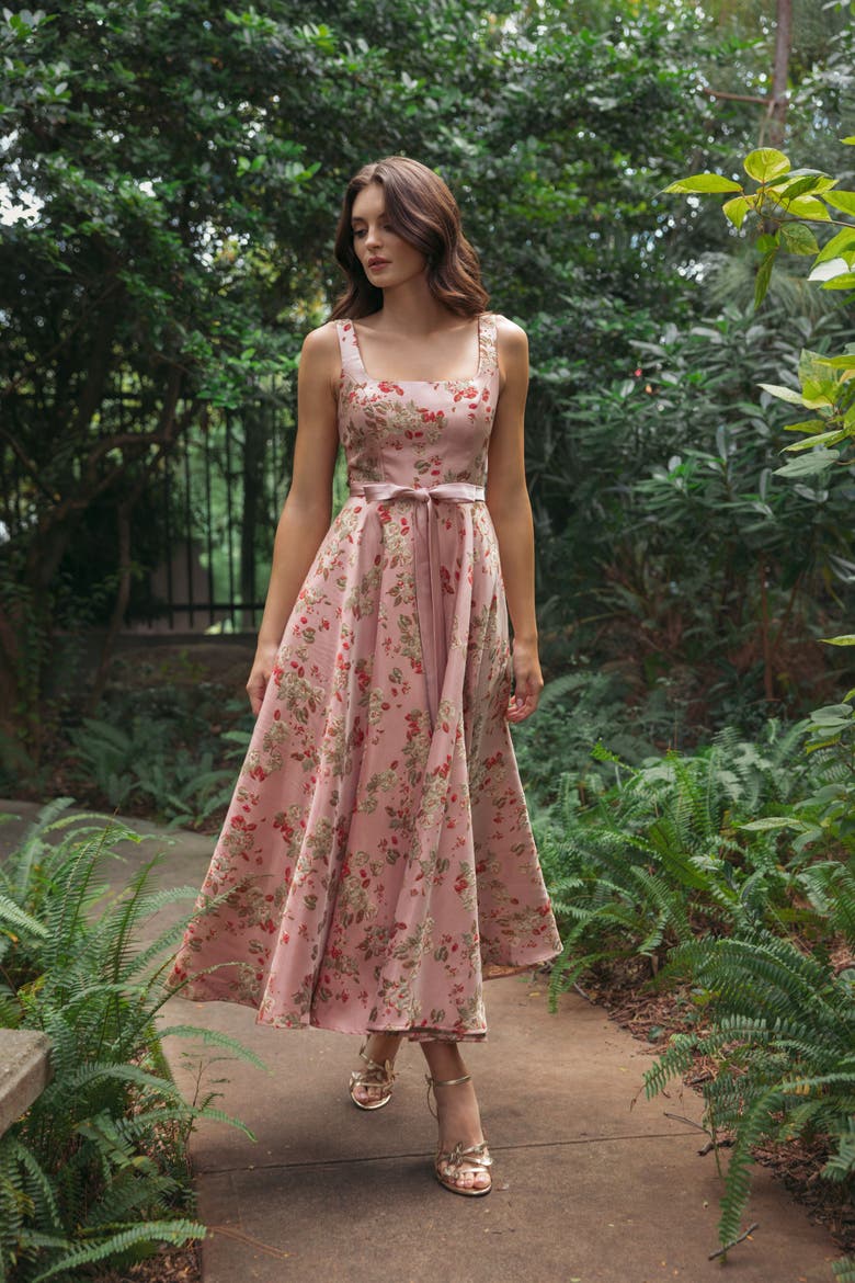 Petite Pink Floral Brocade Square-Neck Midi Dress, Alternate, color, Pink Multi