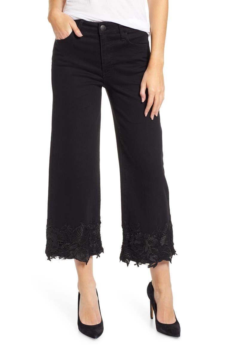 Lace Hem Wide Leg Crop Jeans, Main, color, BLACK