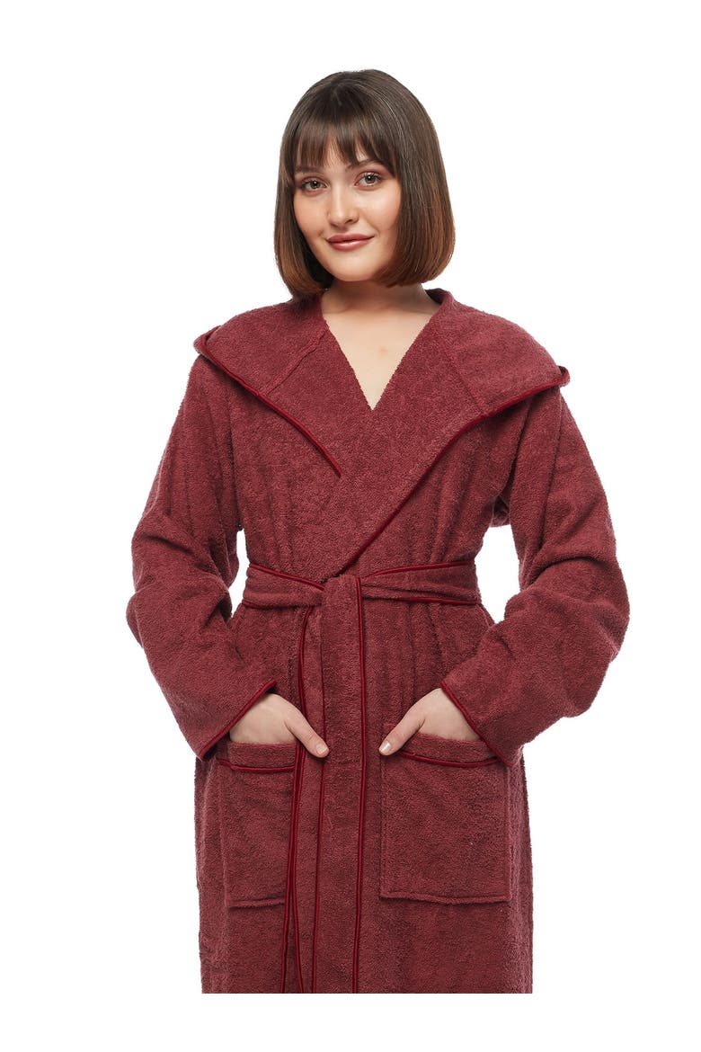 Aura Women's Ankle Length Long Cotton Robe with Hood, Alternate, color, Wine