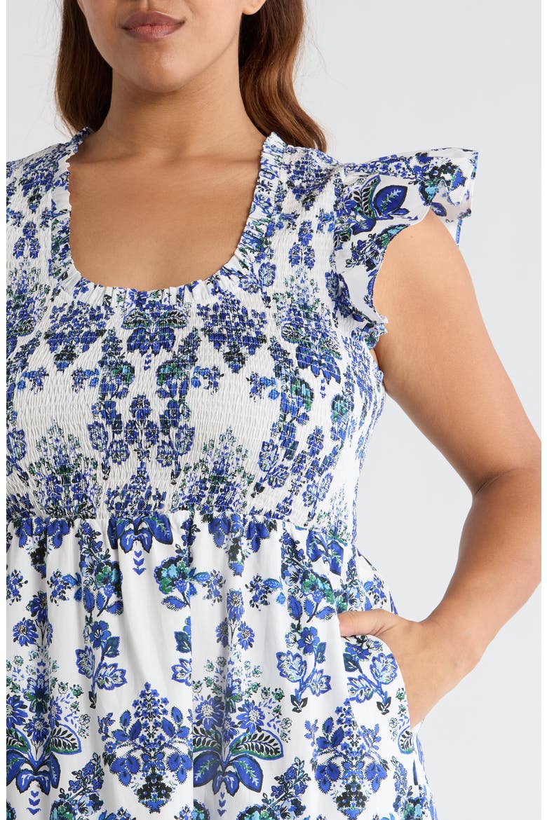 Viara Floral Giza Smocked Cotton Midi Dress, Alternate, color, BLUES-WHITE