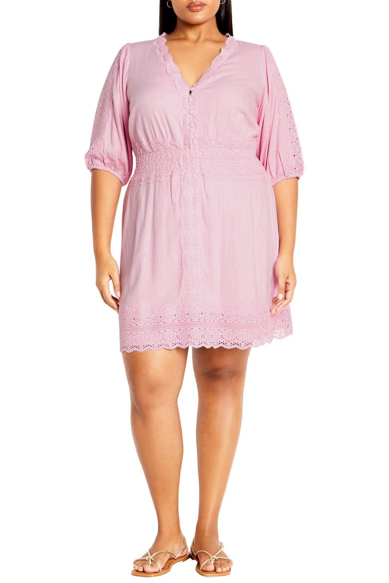 Belle Puff Sleeve Button Front Lace Dress, Main, color, LAVENDER