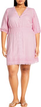 City Chic Belle Puff Sleeve Button Front Lace Dress