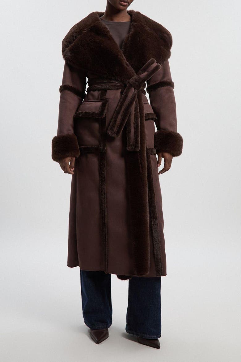 Faux Shearling Belted Maxi Coat, Alternate, color, Chocolate