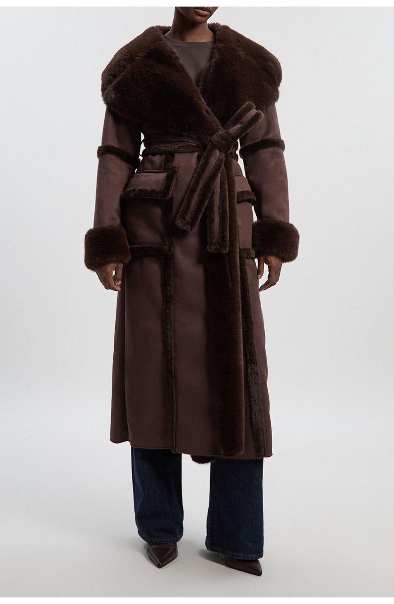 Karen Millen Faux Shearling Belted Maxi Coat, Alternate, color, Chocolate