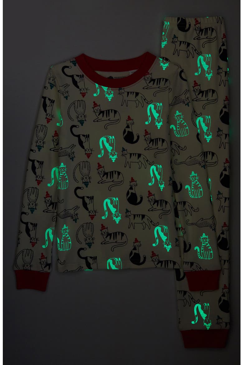 Kids' Glow in the Dark Fitted Two-Piece Pajamas, Alternate, color, IVORY EGRET HOLIDAY CATS