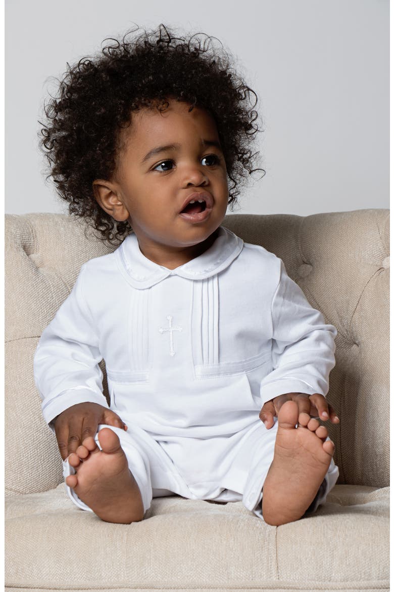 Cross Embroidered Christening Romper & Newsboy Cap Set, Alternate, color, WHITE