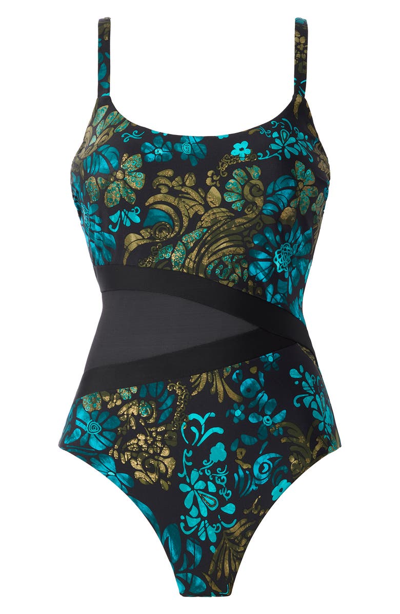 Miraclesuit<sup>®</sup> Flor de Mare Metallic Floral Mesh Inset One-Piece Swimsuit, Alternate, color, Black/ Multi