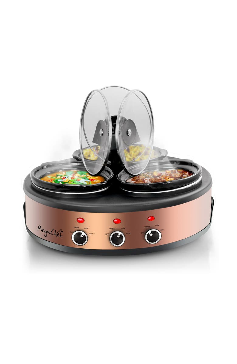 Megachef Round Slow Cooker and Buffet Server with 3 Ceramic Cooking Pots, Alternate, color, Black