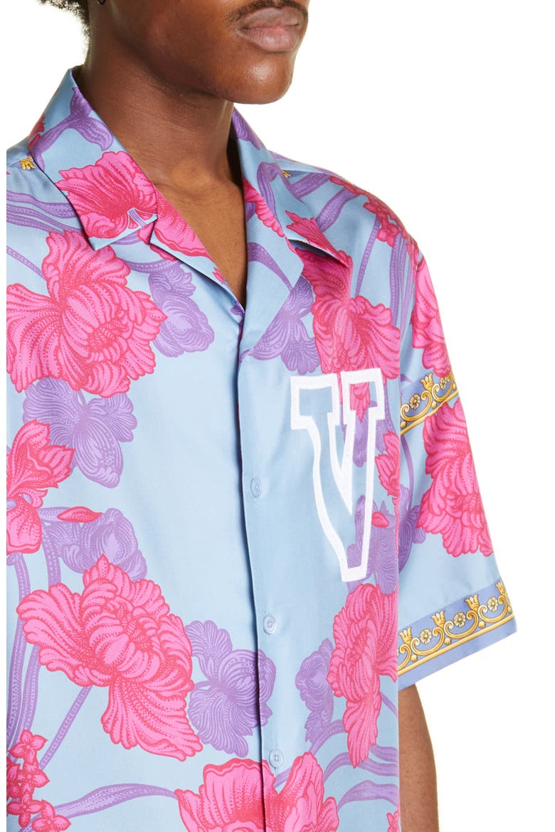 Logo Floral Print Silk Button-Up Shirt, Alternate, color, 5V250 - CORNFLOWER PRINT