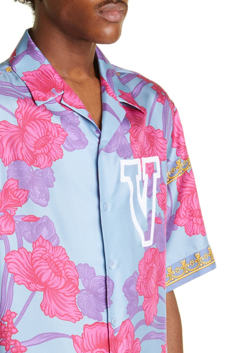 Versace Logo Floral Print Silk Button-Up Shirt, Alternate, color,