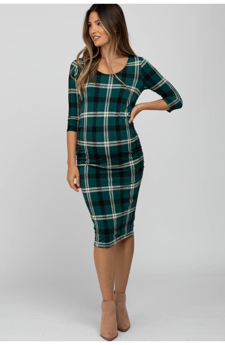 PinkBlush Plaid 3/4 Sleeve Ruched Maternity Dress, Main, color, Forest Green