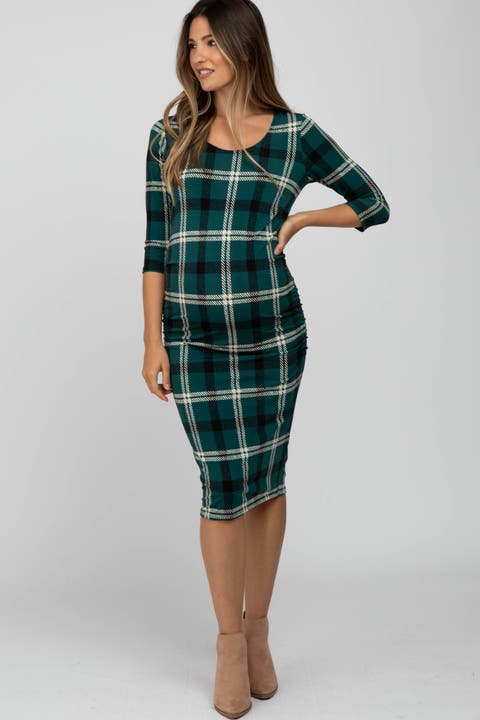 Plaid 3/4 Sleeve Ruched Maternity Dress