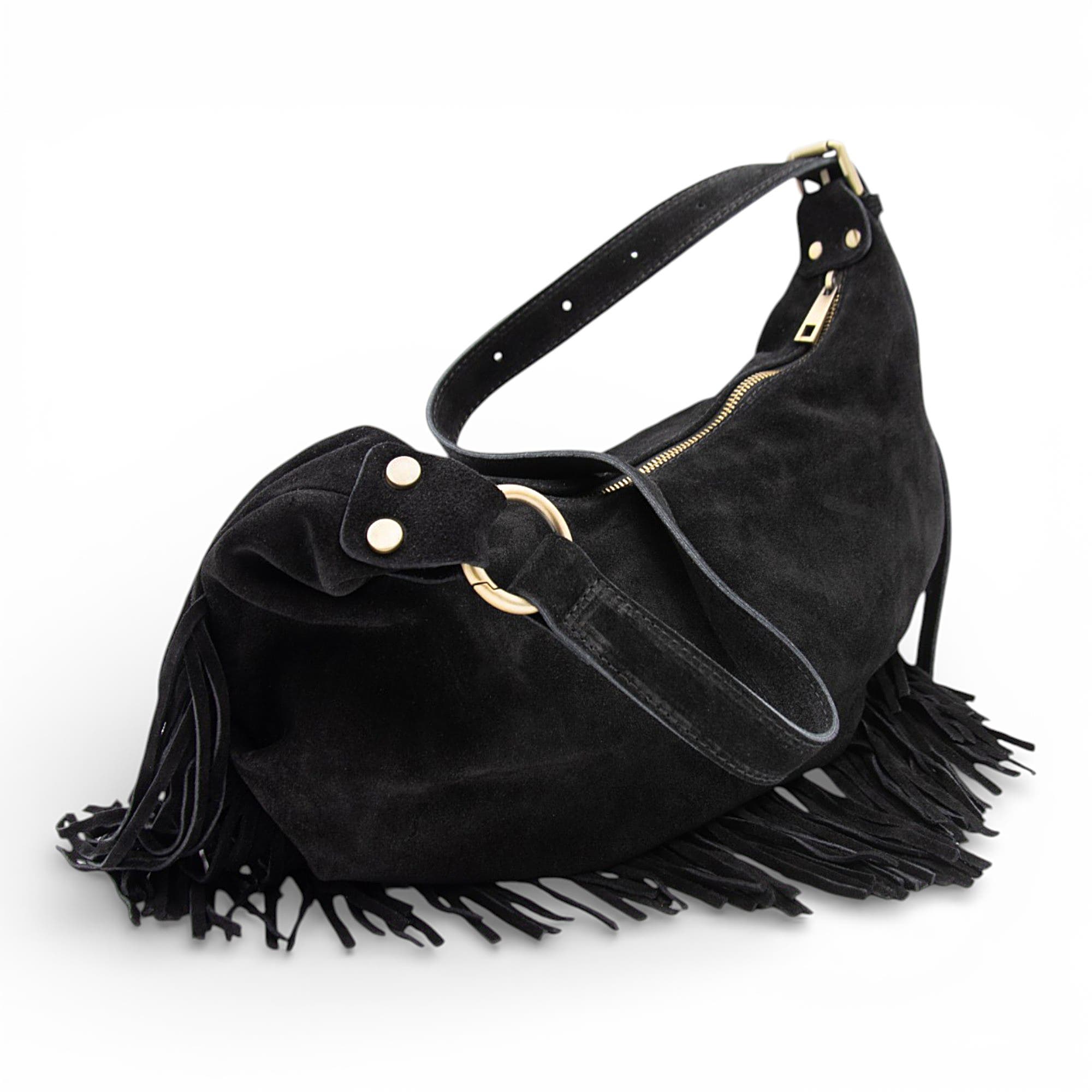 Bolsa Nova Dallas Suede Fringe Hobo, Alternate, color, Black