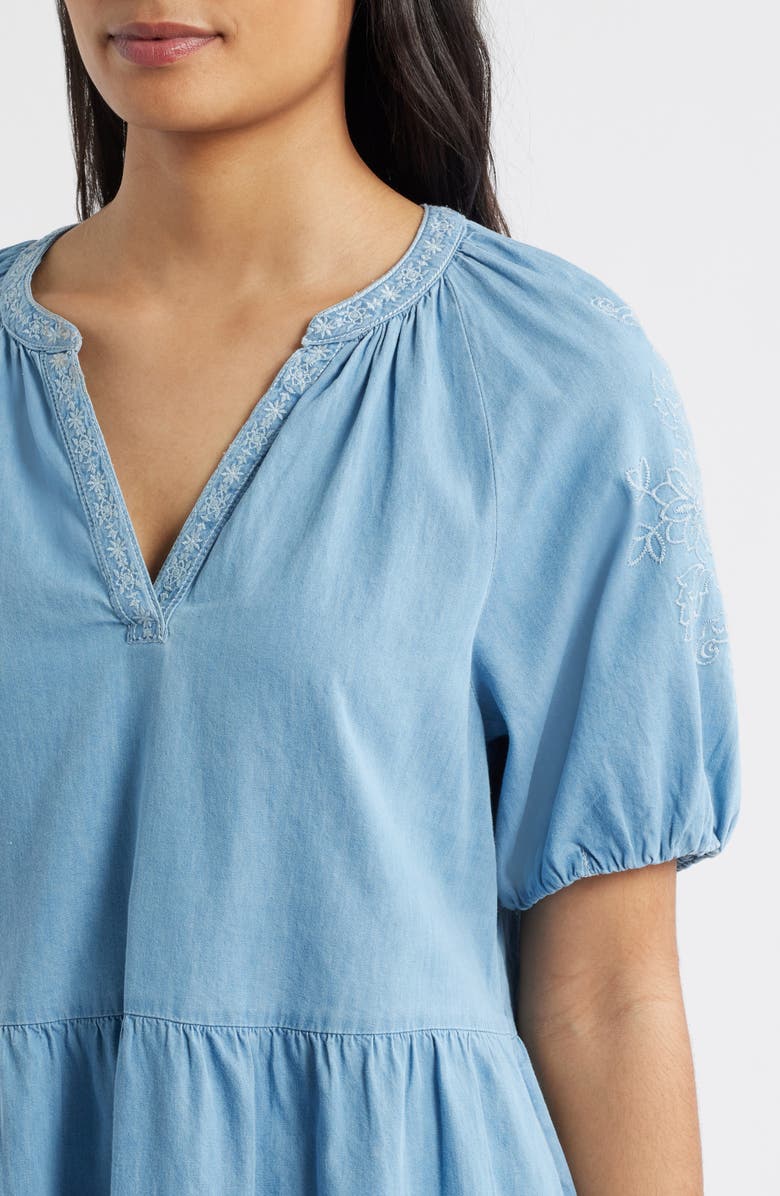 beachlunchlounge Ayla Embroidered Tiered Dress, Alternate, color, Medium Wash