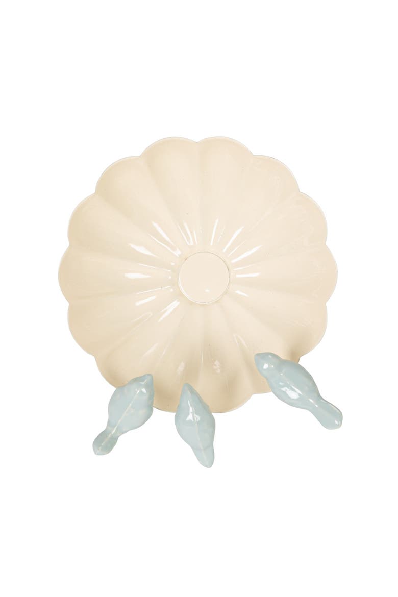 Decorative Metal Scalloped Bowl with 3D Birds on Rim, Antique White and Blue, Alternate, color, White