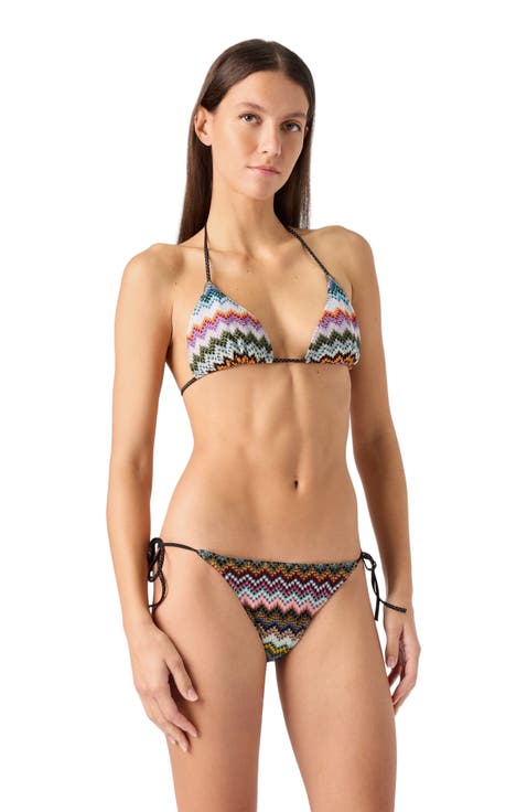Triangle Bikini In Lamé Viscose With Pixel-effect Zigzag Pattern