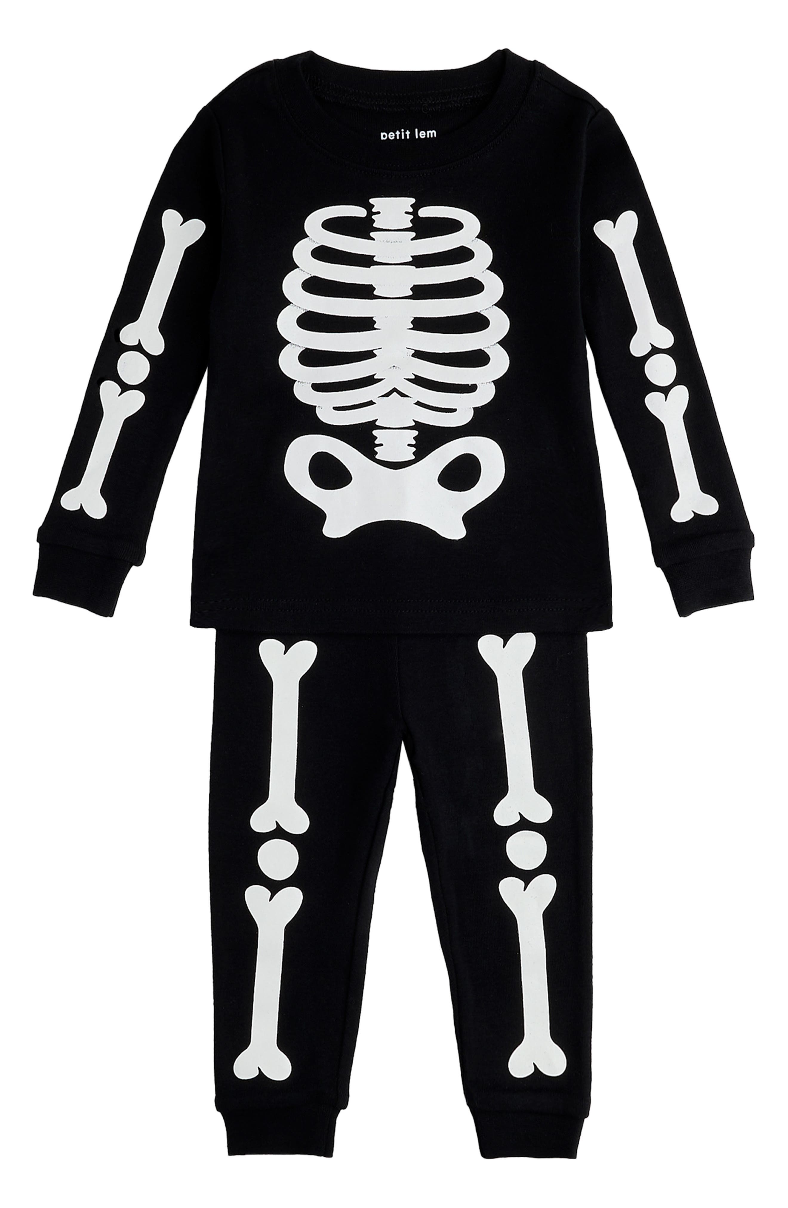Petit Lem Kids' Skeleton Glow in the Dark Fitted Two-Piece Pajamas in Black 