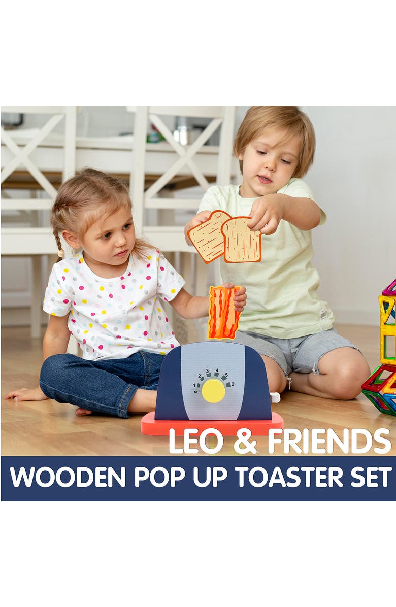 Leo & Friends Wooden Pop Up Toaster Set | 7 Piece Accessory Play Kitchen Wooden Toaster Toy for Children Ages 3-6, Alternate, color, Blue